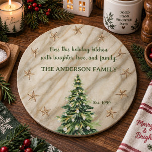 Planche À Découper Arbre de Noël en marbre crème Famille personnalisé