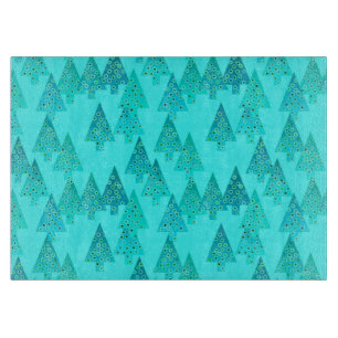 Planche À Découper Arbres de Noël à fleurs modernes - aqua & paon