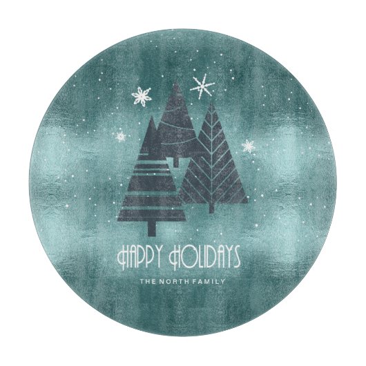 Planche À Découper Arbres de Noël et flocons de neige Turquoise ID863 (Devant)