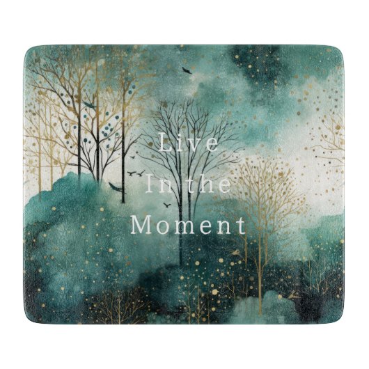 Planche À Découper Arbres verts dorés avec oiseaux Noël (Devant)