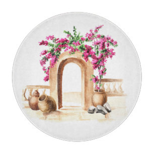 Planche À Découper Architecture méditerranéenne, fleurs, aquarelle, h