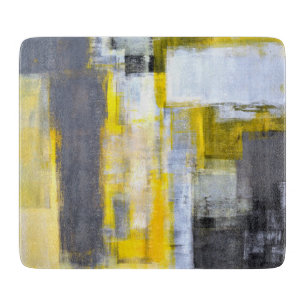 Planche À Découper Art abstrait gris et jaune "occupé et occupé"