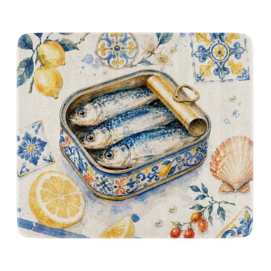 Planche À Découper Art d'aquarelle de sardine sicilienne (Devant)