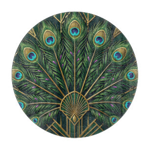 Planche À Découper Art Déco plumes de paon or vert émeraude