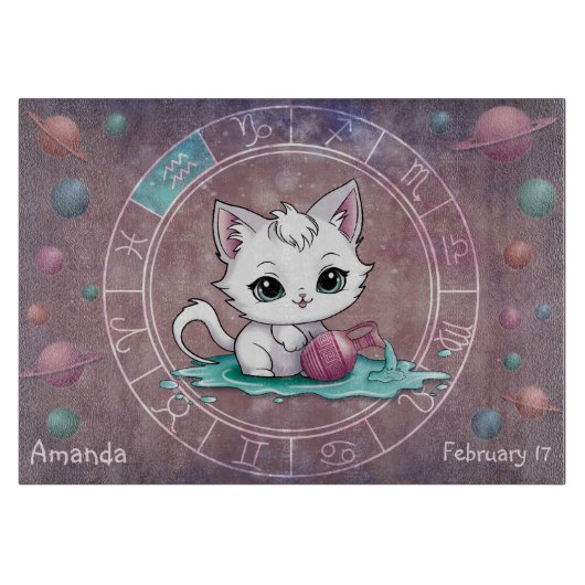 Planche À Découper Astrologique Aquarius Cute cat Zodiac Wheel Planet (Devant)