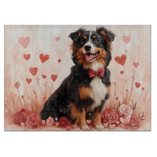 Planche À Découper Australian Shepherd avec des Roses - Saint-Valenti (Devant)