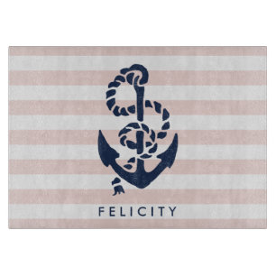 Planche À Découper Bande rose marine et Ancre marine personnalisée