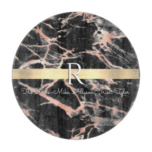 Planche À Découper Barre en or Marbre Or/Rose Noir, Monogramme Nom Bl