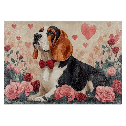 Planche À Découper Basset Hound avec Roses - Saint Valentin (Devant)