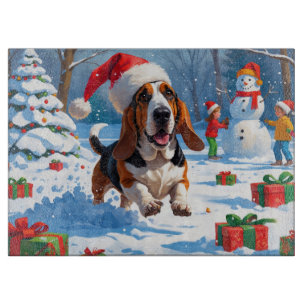 Planche À Découper Basset Hound Festive de Noël Scène de neige