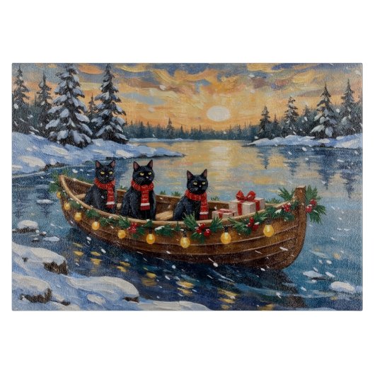Planche À Découper Bateau de Noël à thème Chat Noir pour les Fêtes (Devant)