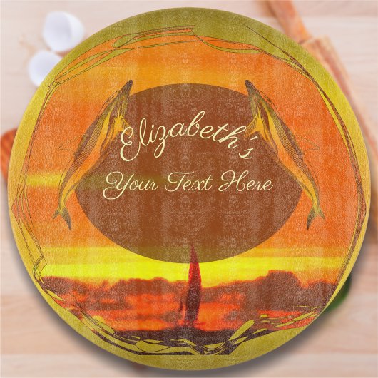 Planche À Découper Bateaux à voile et dauphins coucher de soleil 1300