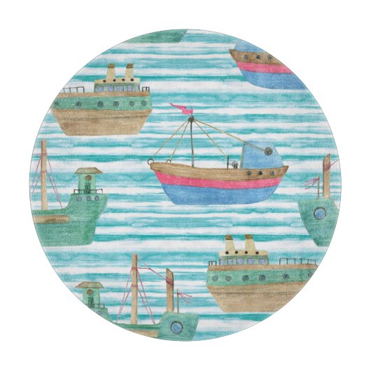 Planche À Découper Bateaux : Motif de peinture aquarelle. (Devant)