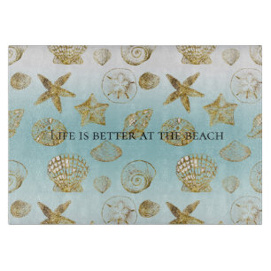 Planche À Découper Beach Gold Sea Shells Aqua Blue Ombre