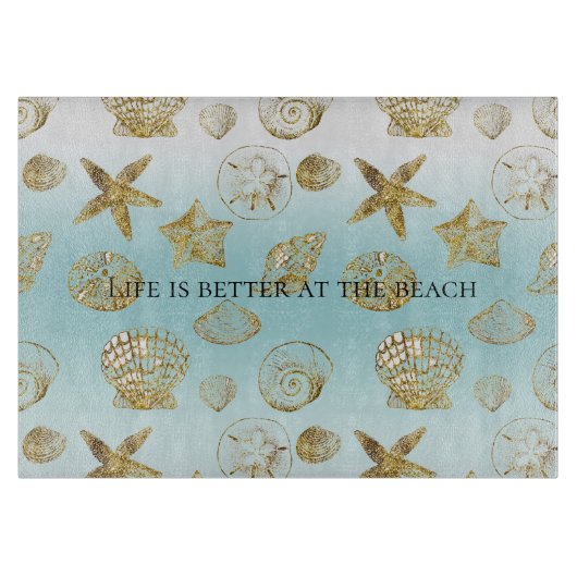 Planche À Découper Beach Gold Sea Shells Aqua Blue Ombre (Devant)