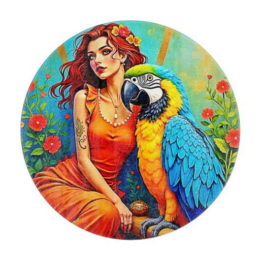 Planche À Découper Beauté tropicale et design de perroquets bleus (Devant)