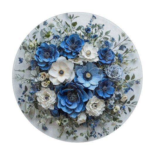 Planche À Découper Belle composition florale bleue et blanche (Devant)