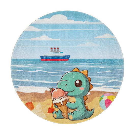 Planche À Découper Belle glace manger dino à la plage (Devant)