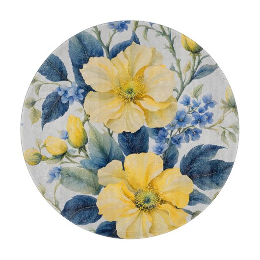 Planche À Découper Belles Fleurs Jaunes et Bleues (Devant)