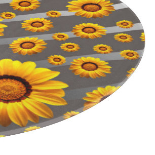 Planche À Découper Belles fleurs jaunes sur gris, rayures argentées