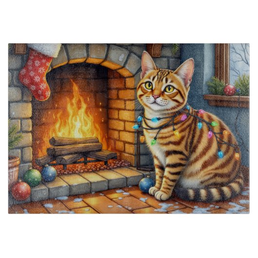 Planche À Découper Bengal Cat Fireplace with Christmas Lights (Devant)