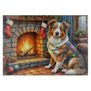 Planche À Découper Berger Australien Cheminée avec Lumière de Noël