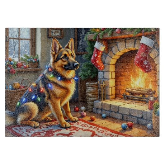 Planche À Découper Berger belge cheminée avec lumières de Noël (Devant)