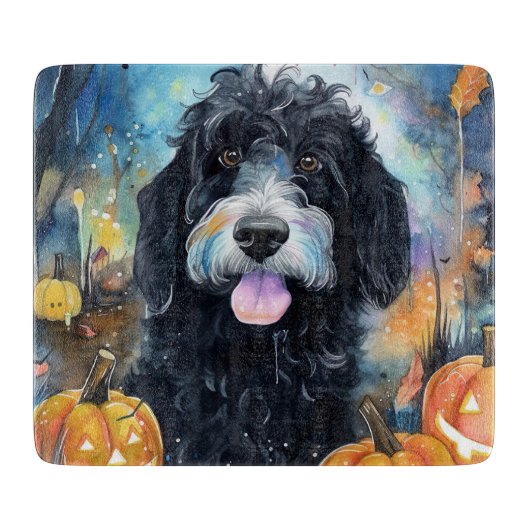 Planche À Découper Bernedoodle Halloween avec citrouilles effrayant (Devant)