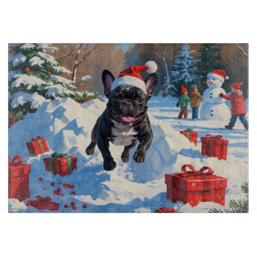 Planche À Découper Black French Bulldog Festive de Noël Scène de neig (Devant)