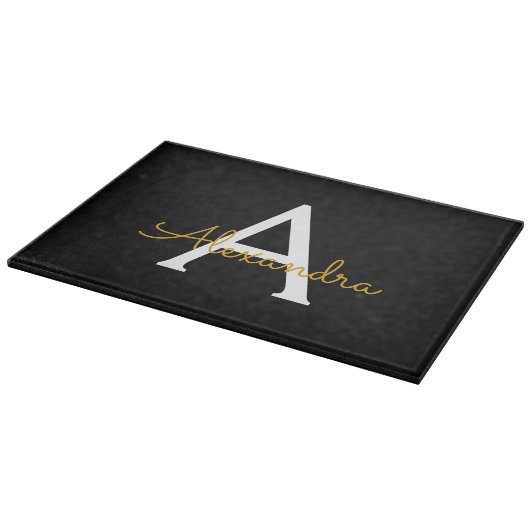 Planche À Découper Black Gold Modern Script Girl Monogramme Nom (Coin)
