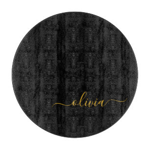 Planche À Découper Black Gold Modern Script Girl Monogramme Nom