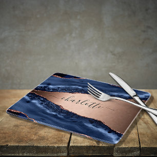 Planche À Découper Bleu agate marbre rose or nom script