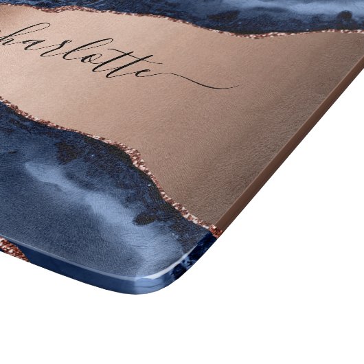 Planche À Découper Bleu agate marbre rose or nom script (Coin)