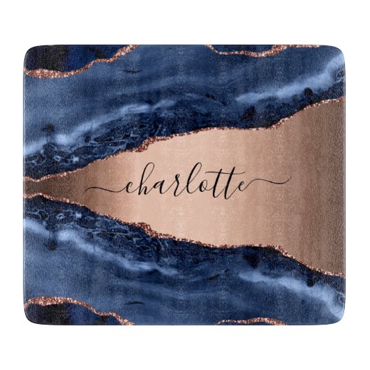 Planche À Découper Bleu agate marbre rose or nom script (Devant)
