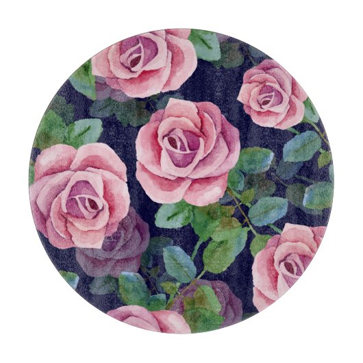 Planche À Découper Bleu foncé, Roses Roses Rose Aquarelle. (Devant)