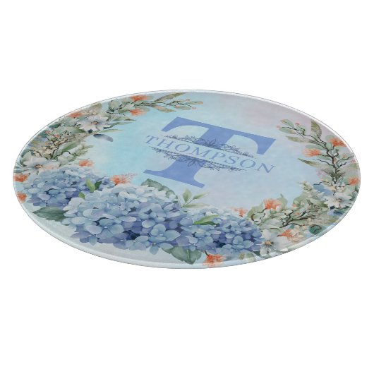 Planche À Découper Bleu Hydrangée Monogramme Table ronde de coupe (Coin)