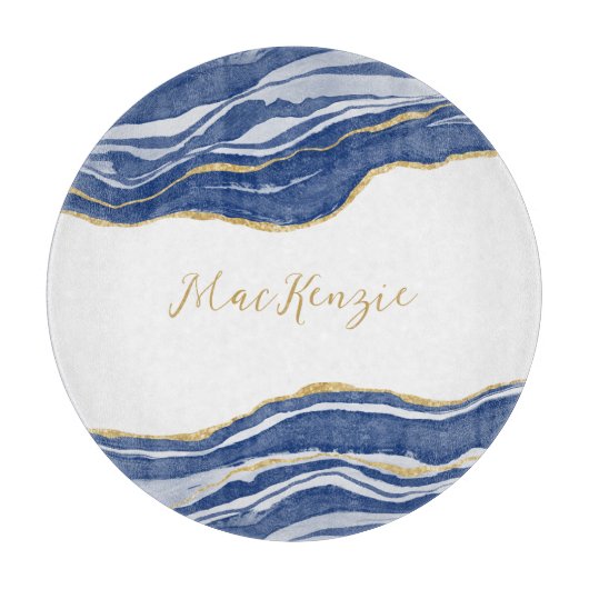 Planche À Découper Bleu Marbre Agate Parties scintillant or Personnal (Devant)