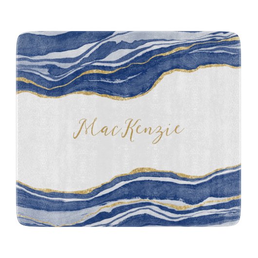 Planche À Découper Bleu Marbre Agate Parties scintillant or Personnal (Devant)