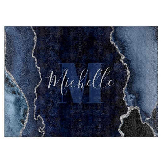 Planche À Découper Bleu Nuit & Paillettes Argent Marbre Agate Monogra (Devant)