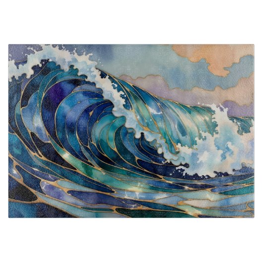 Planche à découper bleu vague océanique or (Devant)