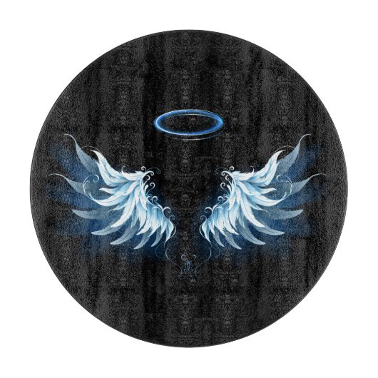Planche À Découper Blue Glowing Angel Wings on black background (Devant)