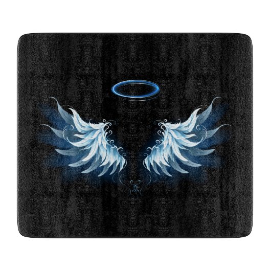 Planche À Découper Blue Glowing Angel Wings on black background (Devant)
