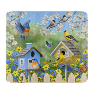 Planche À Découper Bluebirds Goldfinches Birdhouses Jardin aux fleurs