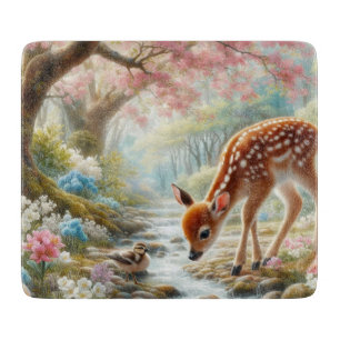 Planche À Découper Bois de printemps avec canard et faon/cerf