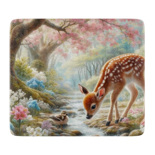 Planche À Découper Bois de printemps avec canard et faon/cerf (Devant)