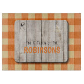 Planche À Découper Bois nom famille monogramme orange en vichy (Devant)