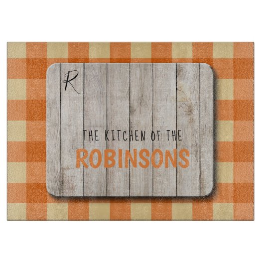 Planche À Découper Bois nom famille monogramme orange en vichy (Devant)