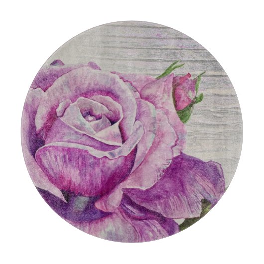Planche À Découper Bois rustique Aquarelle Rose violet (Devant)