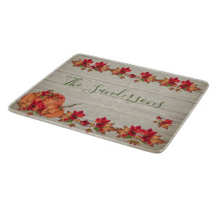 Planche À Découper Bois rustique automne citrouilles orange feuilles 