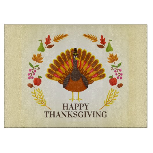 Planche À Découper Bon thanksgiving Turquie et feuillage d'automne (Devant)
